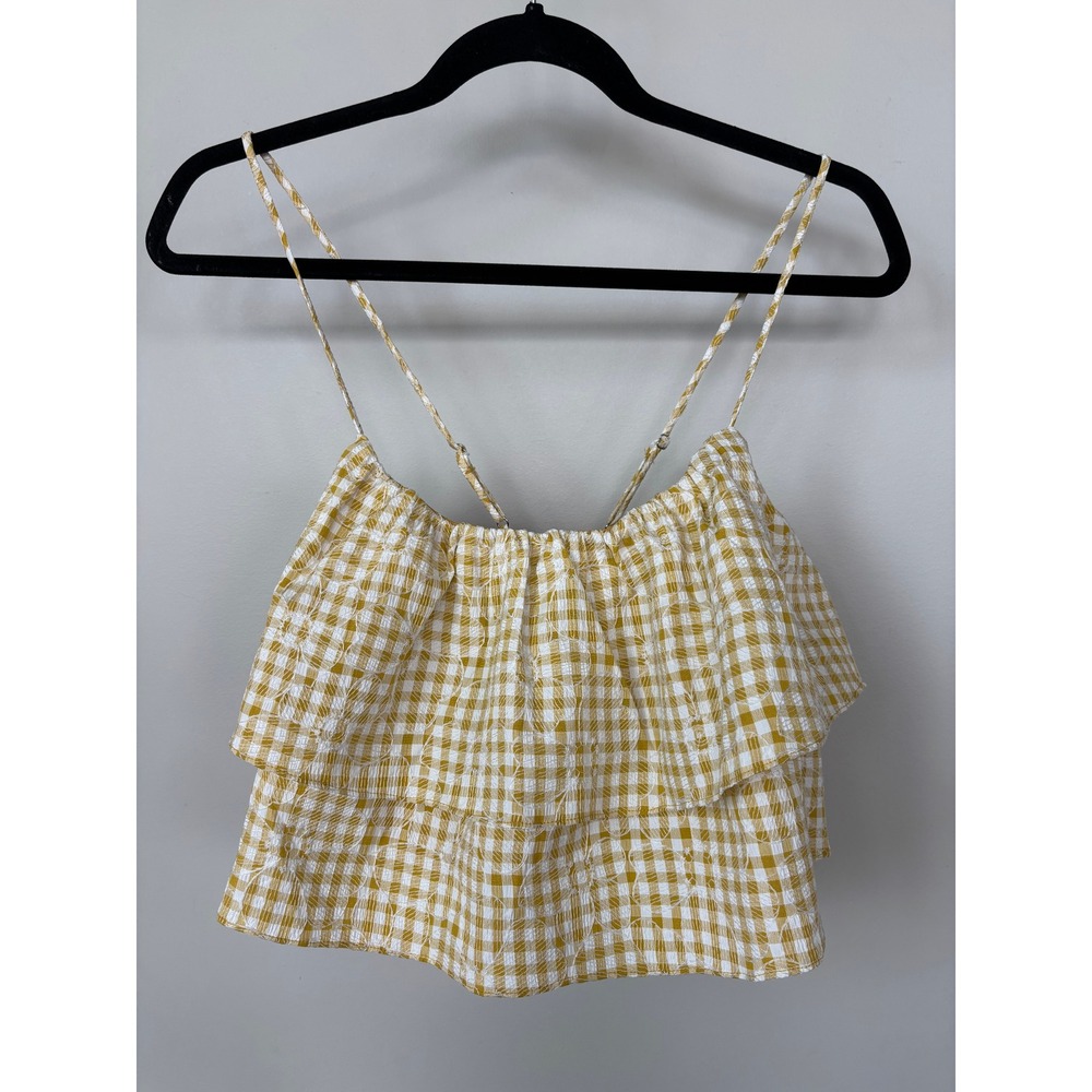 En Saison Yellow Gingham Ruffle Cami Top Floral Embroidery Small
